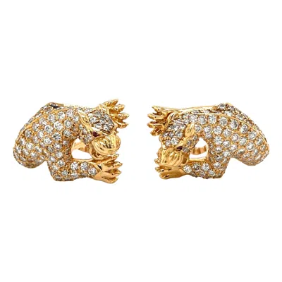 Pre-owned Carrera Y Carrera 18 Kt Yellow Gold 2.75 Ct. Full Pave Diamond Panther Earrings