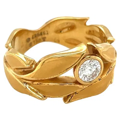 Pre-owned Carrera Y Carrera 18 Kt Yellow Gold "greco Romana" Leaf Ring 0.25ct Diamond