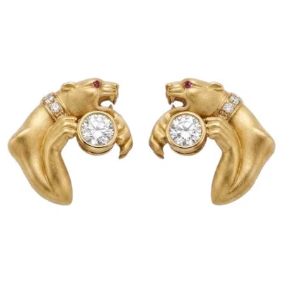 Pre-owned Carrera Y Carrera 18 Kt Yellow Gold Panther Earrings With 0.95 Cts Diamonds