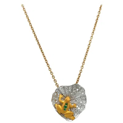 Pre-owned Carrera Y Carrera 18 Kt Yellow Gold Pendant Frog On A Diamond 0.39 Cts Lily Pad