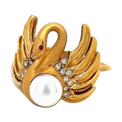 Pre-owned Carrera Y Carrera 18 Kt Yellow Gold Swan Ring With Diamond 0.06cts And Pearl