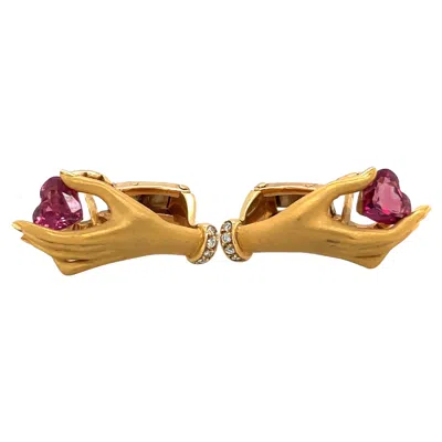 Pre-owned Carrera Y Carrera 18 Kt Yg Hand Earrings 1.40ct Ruby Heart .06ct Diamond In Multi