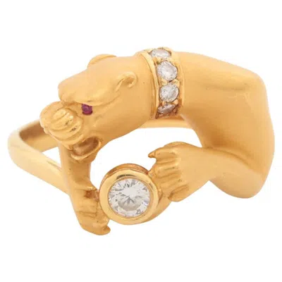 Pre-owned Carrera Y Carrera 18k Gold Panther Ring Ruby Eye & Diamonds. Leopard Pounce In Multi