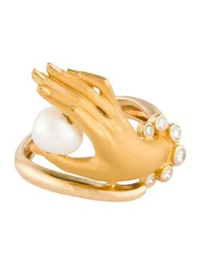 Pre-owned Carrera Y Carrera 18k Pearl & Diamond Los Manos Ring In Multi