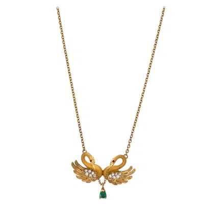 Pre-owned Carrera Y Carrera 18kt Yellow Gold Twin Swan Pendant With Diamonds & Emerald