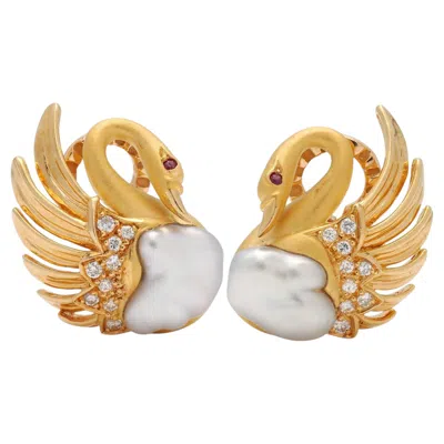 Pre-owned Carrera Y  2000's Diamond Pearl Ruby 18k Gold Contemporary Swan Earrings In Multi