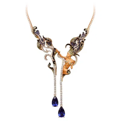 Pre-owned Carrera Y Carrera Gea 18k Yellow Gold Diamond, Green Diamond, Sapphire And Tanzanite Necklace