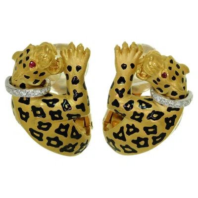 Pre-owned Carrera Y Carrera Ruby Diamond Enamel Leopard Clip-on Earrings In Multi