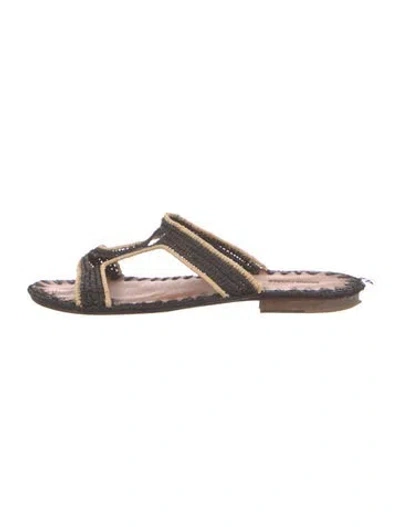 Pre-owned Carrie Forbes Raffia Printed Slides In Black