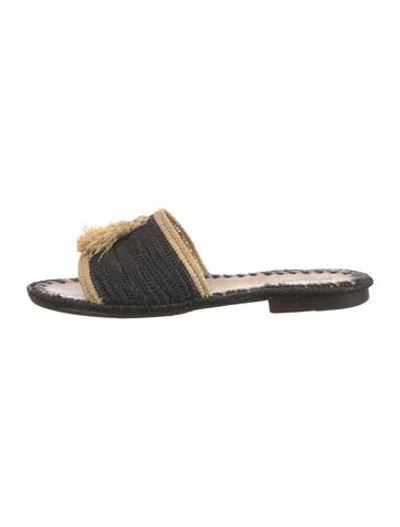 Pre-owned Carrie Forbes Raffia Tassel Accents Slides In Black