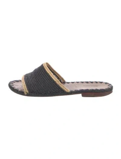 Pre-owned Carrie Forbes Raffia Tassel Accents Slides In Blue