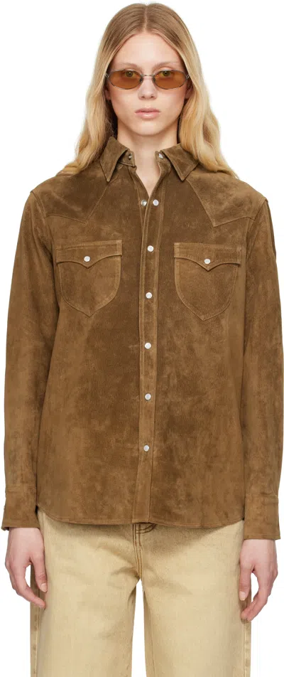 Carter Young Brown Western Suede Shirt In Chocolate/cream