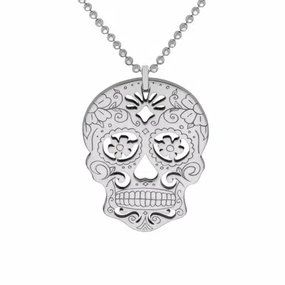 Cartergore Women's Large Silver Sugar Skull With Flower Eyes Pendant Necklace In Metallic