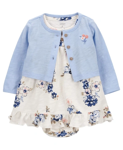 Carter's Baby 2 Piece Bodysuit Dress And Cardigan Set In Blue