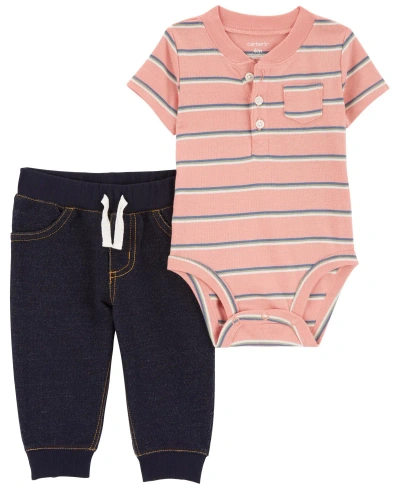 Carter's Baby 2 Piece Striped Henley Bodysuit Pant Set In Pink