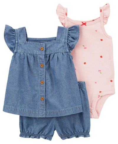 Carter's Baby 3 Piece Cherry Chambray Little Short Set In Blue