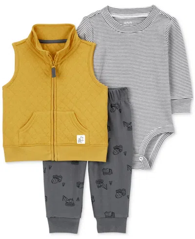 Carter's Baby Boy 3-pc. Quilted Vest, Construction-theme Pants & Striped Bodysuit In Yellow