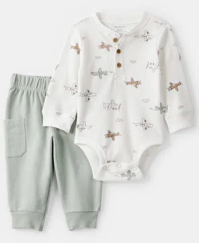 Carter's Baby Boys 2-piece Airplane Print Bodysuit And Joggers Set In Green
