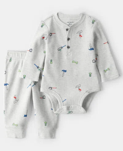 Carter's Baby Boys 2-piece Construction Thermal Bodysuit And Pants Set In Gray