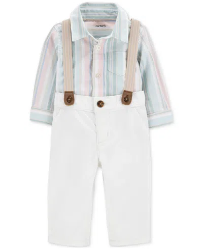 Carter's Baby Boys 3-pc. Button-front Bodysuit, Pants, & Suspenders Pants Set In White Multi