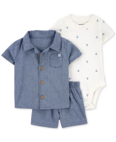 Carter's Baby Boys 3-pc. Cotton Chambray Top, Shorts & Anchor-print Bodysuit Set In Blue