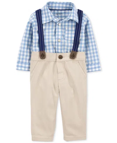 Carter's Baby Boys 3-pc. Cotton Gingham Bodysuit, Pants & Suspenders Set In Med Blue