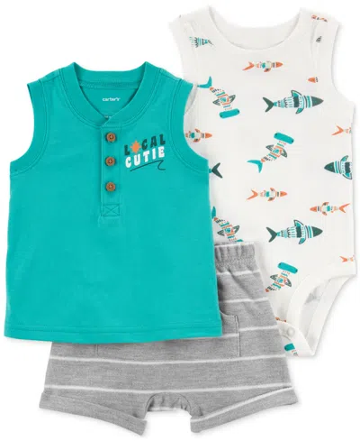 Carter's Baby Boys 3-pc. Fish Little Sleeveless T-shirt, Bodysuit & Stripe Shorts Set In Teal