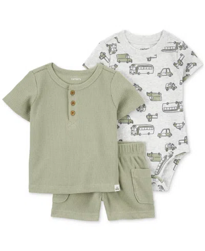 Carter's Baby Boys 3-pc. Printed Bodysuit, Thermal Henley T-shirt & Shorts Set In Olive