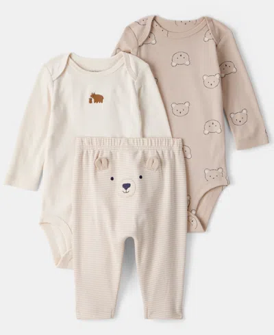 Carter's Baby Boys 3-piece Bear Print Long-sleeve Bodysuit And Pants Set In Nude