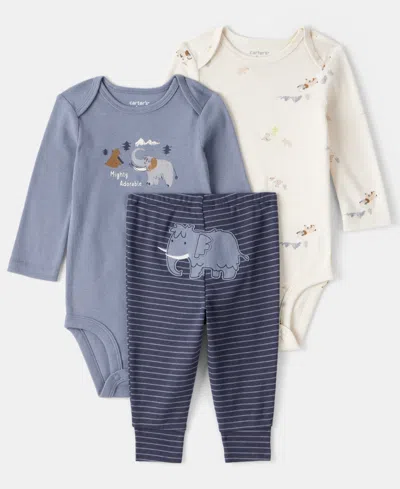 Carter's Baby Boys 3-piece Elephant Print Long-sleeve Bodysuit And Pants Set In Blue