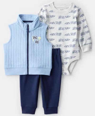 Carter's Baby Boys 3-piece Race Car Quilted Sleeveless Vest, Bodysuit And Pants Set In Blue