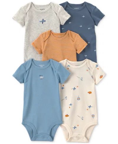 Carter's Baby Boys Crew Neck Short Sleeve Rib 5-pc. Bodysuit In Blue