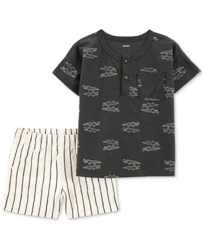Carter's Baby Boys Alligator-print Henley T-shirt & Striped Pull-on Shorts, 2 Piece Set In Black