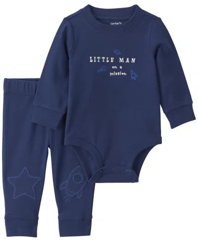 Carter's Baby Boys' And Baby Girls' Long-sleeve Bodysuit And Pants, 2-piece Set In Blue