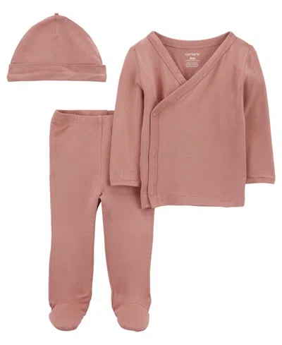 Carter's Baby Boys And Baby Girls Purely Soft 3-piece Side Snap Outfit In Pink