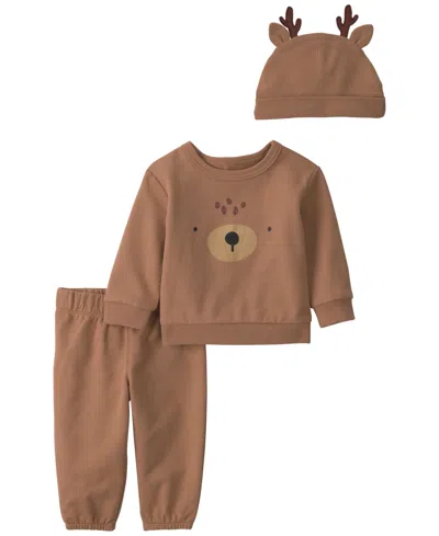 Carter's Baby Boys' And Baby Girls' Reindeer Christmas Top And Pants With Matching Hat, 3-piece Set In Brown