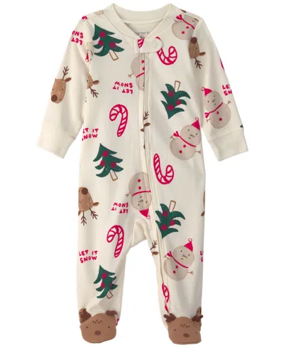 Carter's Baby Boys' And Girls' Christmas Icon 2-way Zip Footed Onesie In Cream