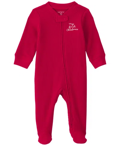 Carter's Baby Boys' And Girls' My First Christmas Thermal Zip Footed Sleeper In Burgundy