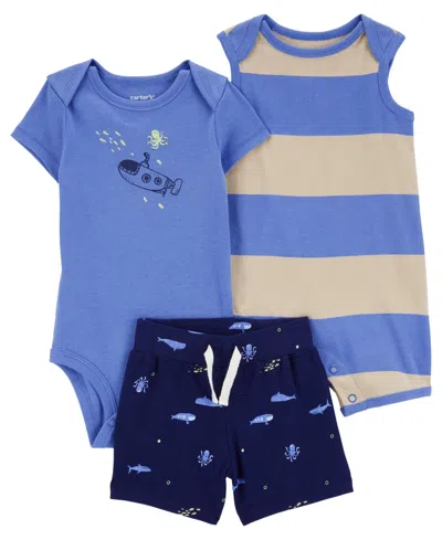 Carter's Baby Boys Bodysuit, Shorts, And Romper, 3 Piece Set In Blue
