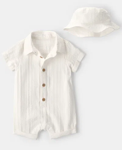 Carter's Baby Boys' Button-front Romper And Hat, 2-piece Set In White