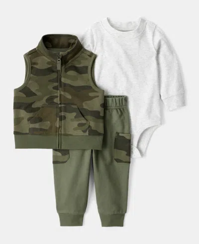 Carter's Baby Boys Camo-print Vest, Bodysuit & Pants, 3 Piece Set In Green