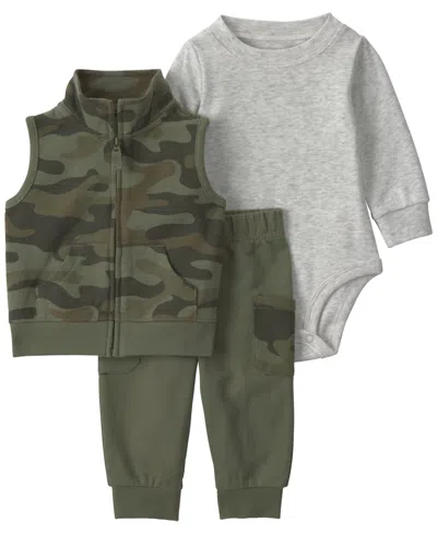 Carter's Baby Boys' Camo Vest, Long-sleeve Bodysuit And Pants, 3-piece Set In Green