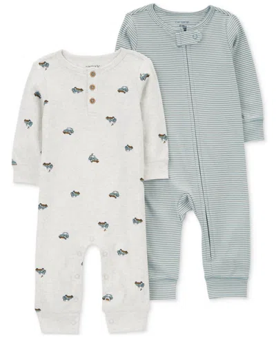 Carter's Baby Boys Car-print Coverall & Striped Sleep & Play Coverall, Pack Of 2 In Blue,gray