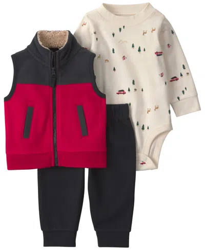 Carter's Baby Boys' Christmas Fleece Layering Vest, Bodysuit And Jogger Pants, 3-piece Set In Red