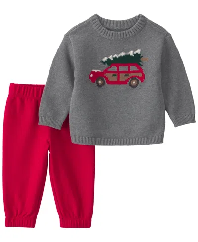 Carter's Baby Boys' Christmas Tree Car Sweater And Pants, 2-piece Set In Gray,red