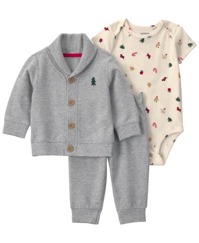 Carter's Baby Boys' Christmas Tree French Terry Cardigan, Bodysuit And Pants, 3-piece Set In Gray