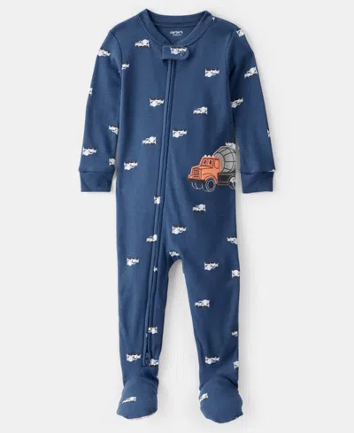 Carter's Baby Boys Construction-print Cotton Long-sleeve 2-way-zip 1-piece Footed Pajamas In Blue
