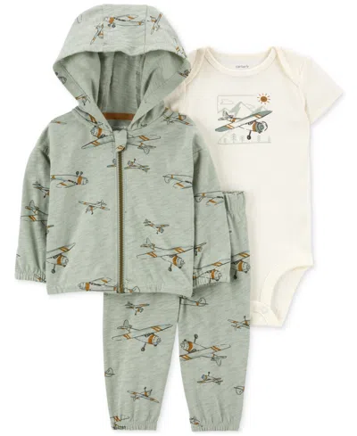 Carter's Baby Boys Cotton Airplane Little Hooded Jacket, Bodysuit & Pants, 3 Piece Set In Green