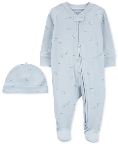 Carter's Baby Boys Cotton Airplane-print Footed Sleep & Play Coverall & Cap, 2 Piece Set In Blue