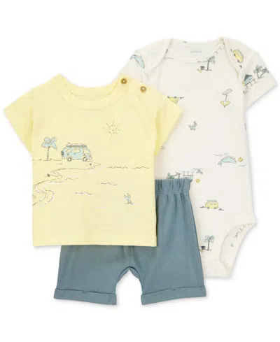 Carter's Baby Boys Cotton Beach T-shirt, Printed Bodysuit & Shorts, 3 Piece Set In Yellow